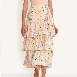 Ann Taylor Peach Blue Floral Tiered Midi Cute Feminine Skirt Size 6